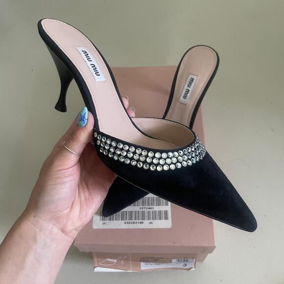 Miu Miu Crystal-Embellished Suede Heeled Mules Black 39 US 9